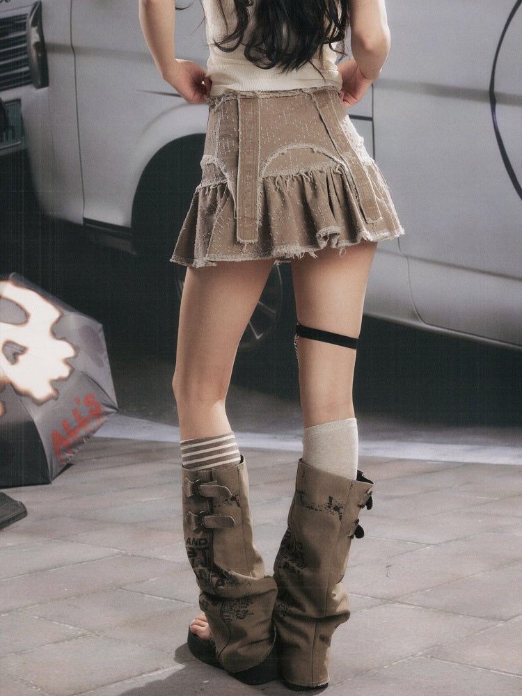 Distressed Pleated Workwear High-Waisted A-Line Short Skirt【s0000017332】