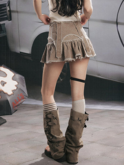 Distressed Pleated Workwear High-Waisted A-Line Short Skirt【s0000017332】
