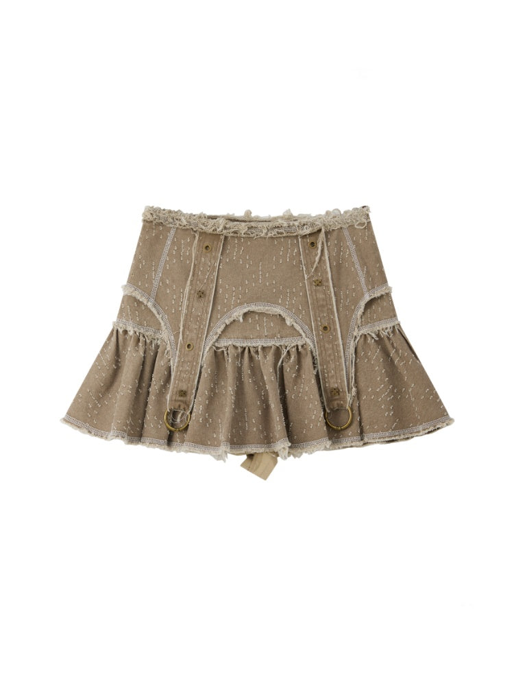 Distressed Pleated Workwear High-Waisted A-Line Short Skirt【s0000017332】