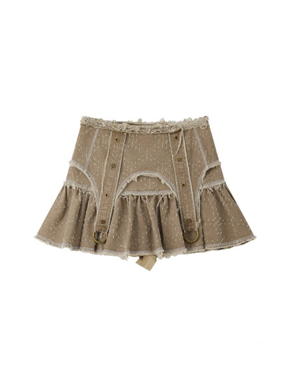 Distressed Pleated Workwear High-Waisted A-Line Short Skirt【s0000017332】
