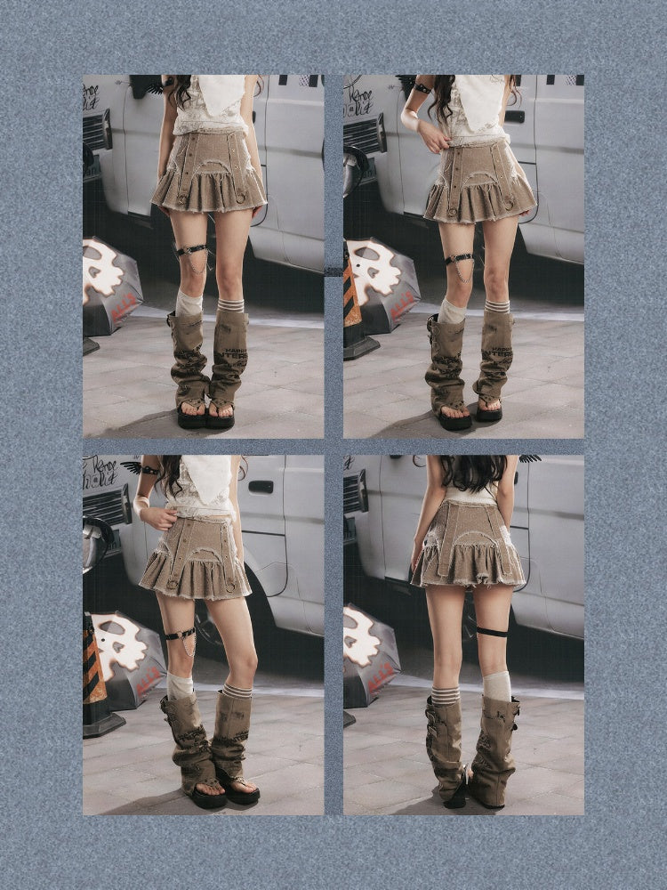Distressed Pleated Workwear High-Waisted A-Line Short Skirt【s0000017332】