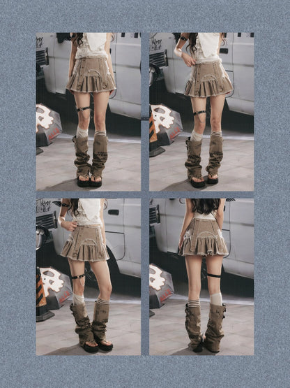 Distressed Pleated Workwear High-Waisted A-Line Short Skirt【s0000017332】