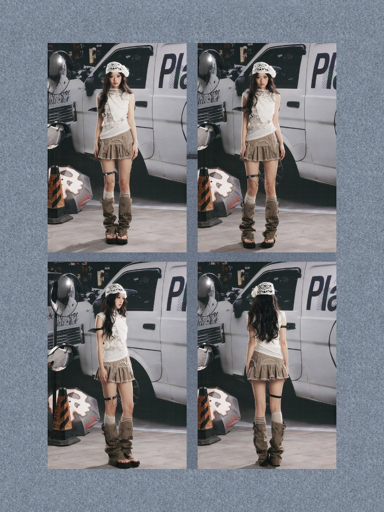 Distressed Pleated Workwear High-Waisted A-Line Short Skirt【s0000017332】