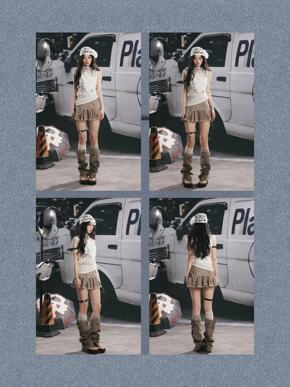 Distressed Pleated Workwear High-Waisted A-Line Short Skirt【s0000017332】