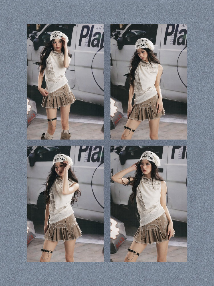 Distressed Pleated Workwear High-Waisted A-Line Short Skirt【s0000017332】