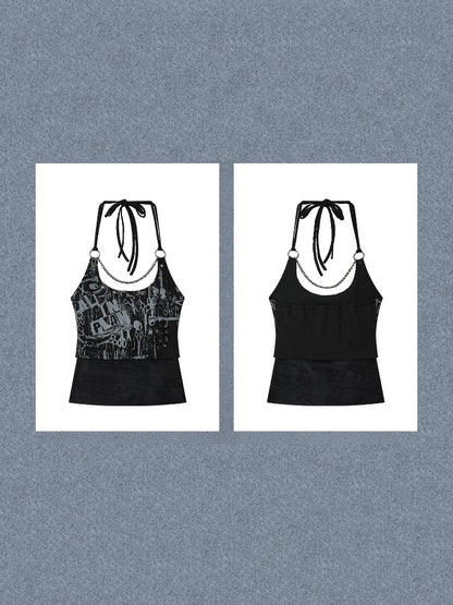 Distressed Chain Patchwork Slim Fit Halter Neck Tank Top【s0000017333】