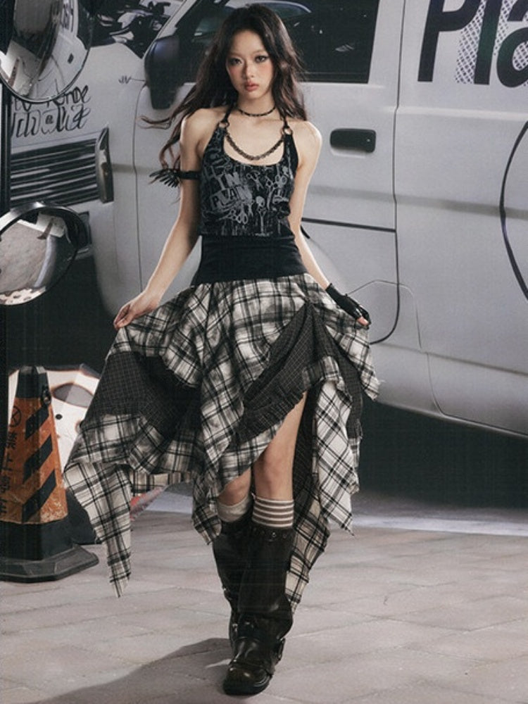 Distressed Chain Patchwork Slim Fit Halter Neck Tank Top【s0000017333】