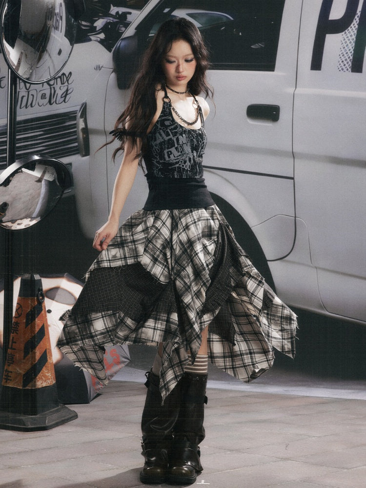 Distressed Chain Patchwork Slim Fit Halter Neck Tank Top【s0000017333】
