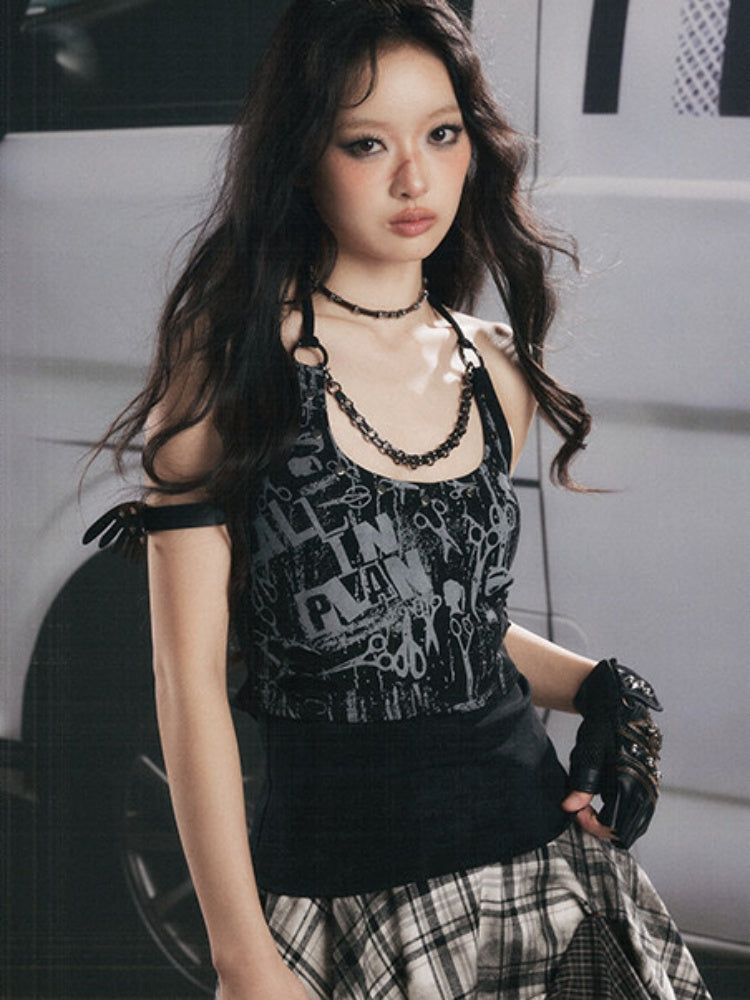 Distressed Chain Patchwork Slim Fit Halter Neck Tank Top【s0000017333】