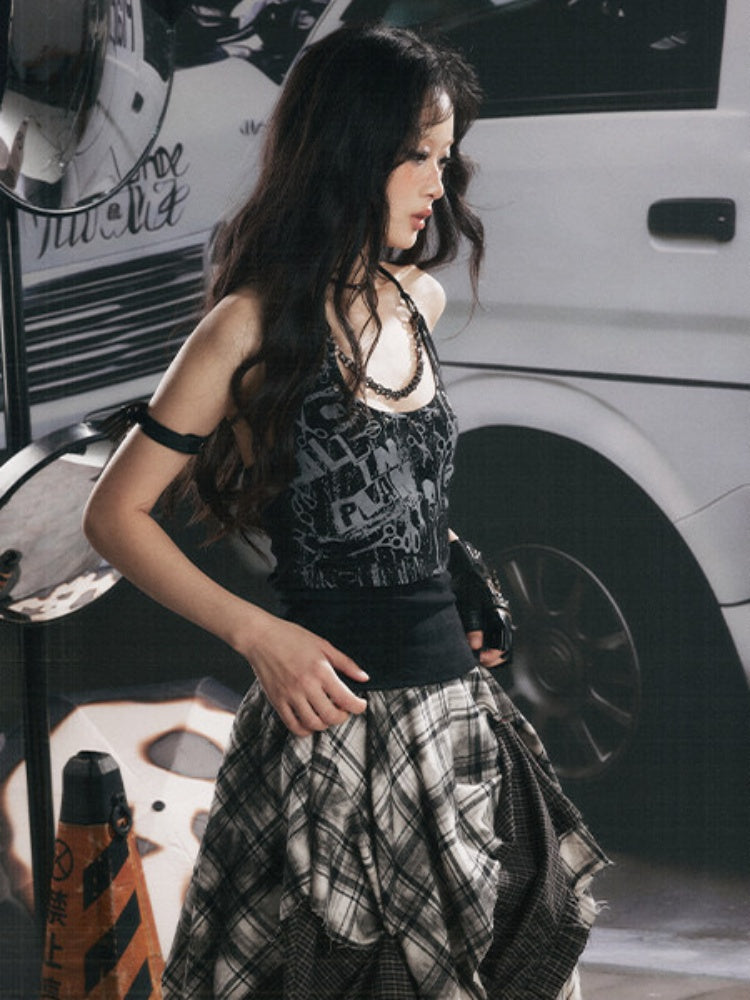 Distressed Chain Patchwork Slim Fit Halter Neck Tank Top【s0000017333】