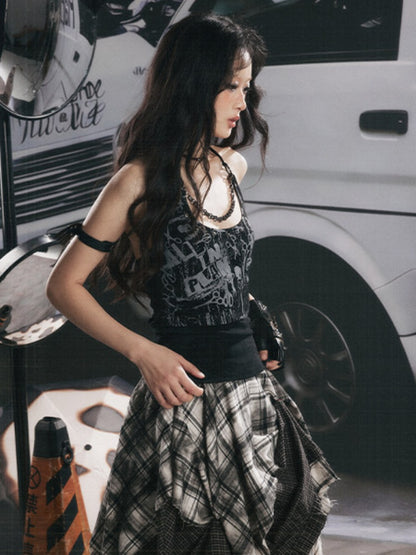 Distressed Chain Patchwork Slim Fit Halter Neck Tank Top【s0000017333】