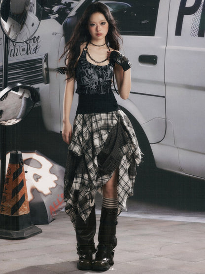 Distressed Chain Patchwork Slim Fit Halter Neck Tank Top【s0000017333】