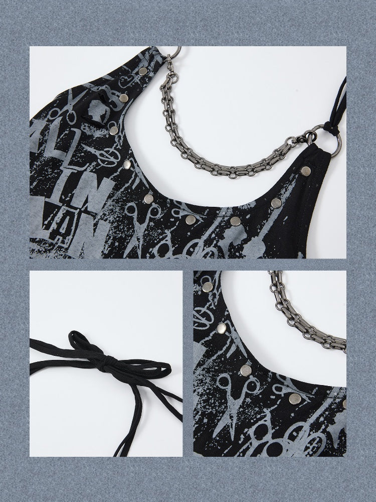 Distressed Chain Patchwork Slim Fit Halter Neck Tank Top【s0000017333】