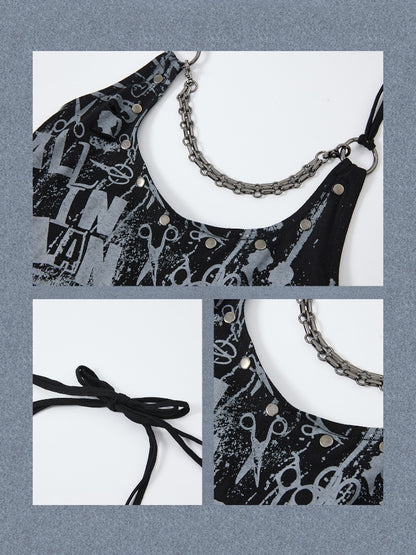 Distressed Chain Patchwork Slim Fit Halter Neck Tank Top【s0000017333】