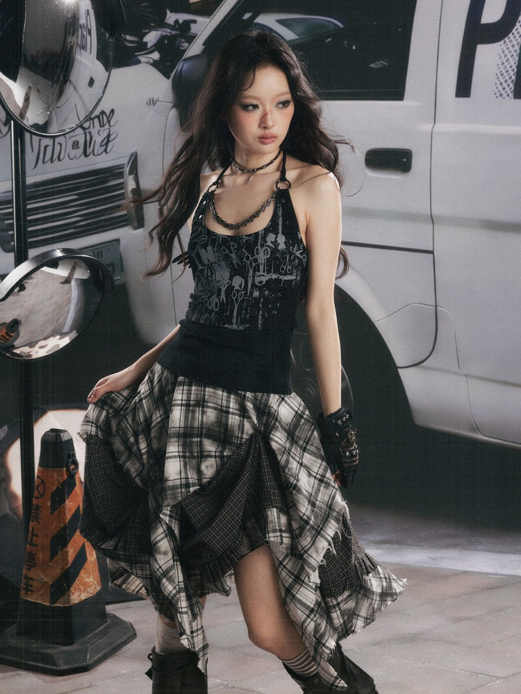 Distressed Chain Patchwork Slim Fit Halter Neck Tank Top【s0000017333】