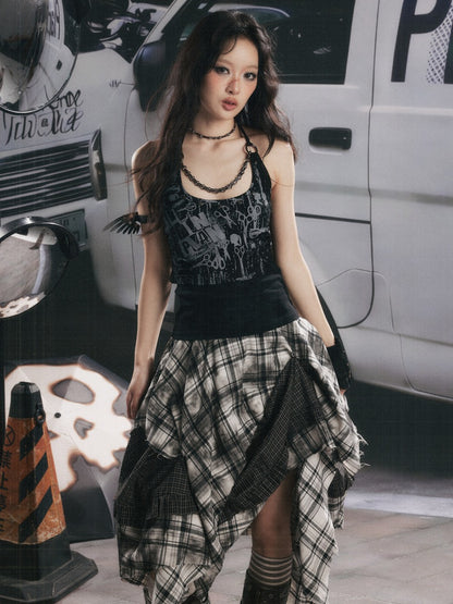 Distressed Chain Patchwork Slim Fit Halter Neck Tank Top【s0000017333】
