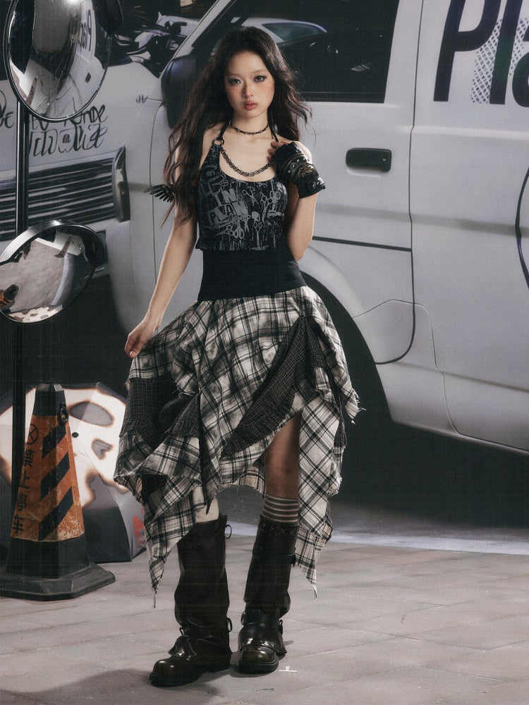 Distressed Chain Patchwork Slim Fit Halter Neck Tank Top【s0000017333】