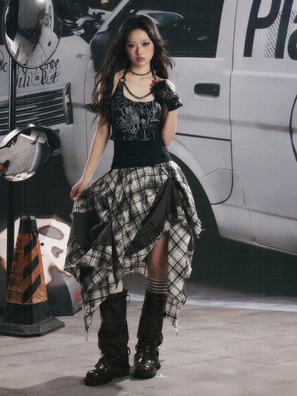 Distressed Chain Patchwork Slim Fit Halter Neck Tank Top【s0000017333】