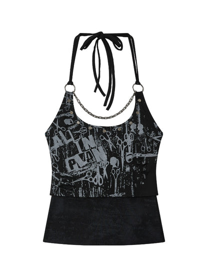 Distressed Chain Patchwork Slim Fit Halter Neck Tank Top【s0000017333】