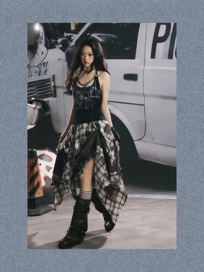 Distressed Chain Patchwork Slim Fit Halter Neck Tank Top【s0000017333】
