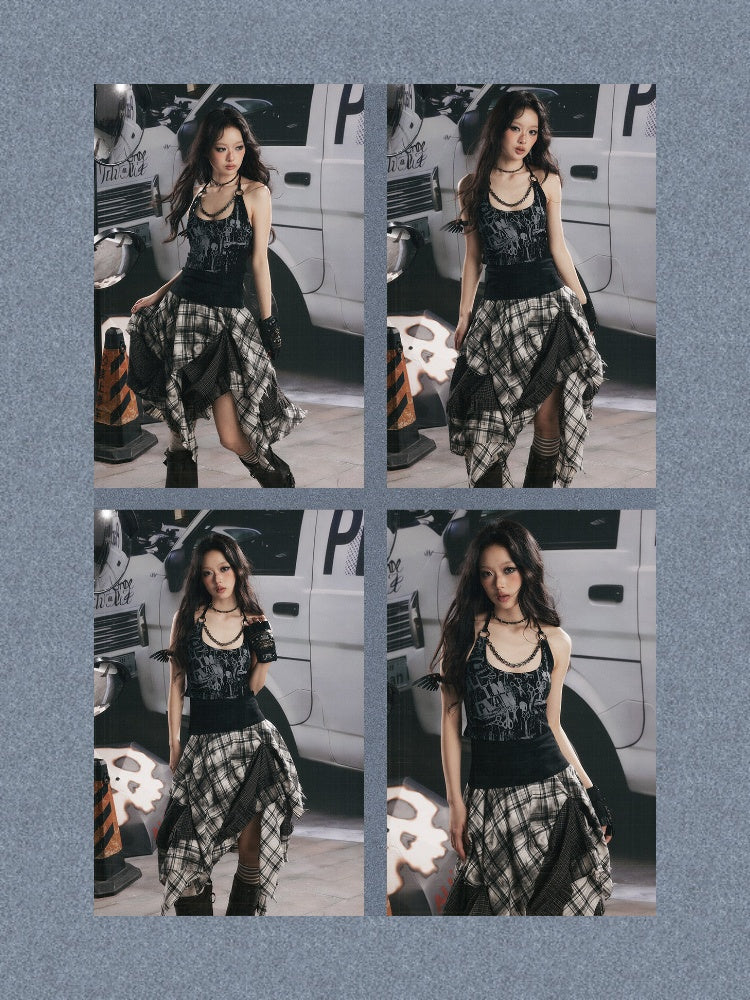 Distressed Chain Patchwork Slim Fit Halter Neck Tank Top【s0000017333】
