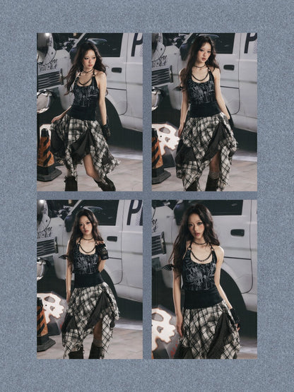 Distressed Chain Patchwork Slim Fit Halter Neck Tank Top【s0000017333】