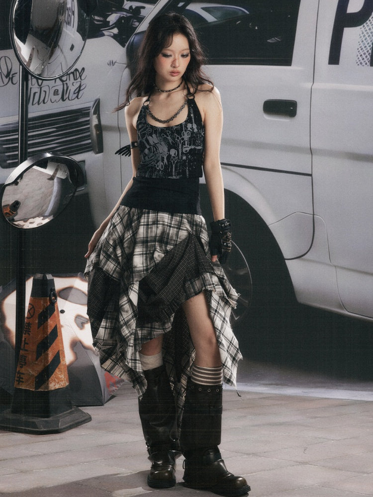 Distressed Chain Patchwork Slim Fit Halter Neck Tank Top【s0000017333】