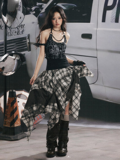 Distressed Chain Patchwork Slim Fit Halter Neck Tank Top【s0000017333】