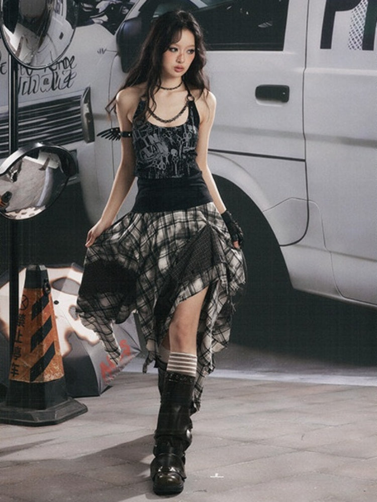 Distressed Chain Patchwork Slim Fit Halter Neck Tank Top【s0000017333】