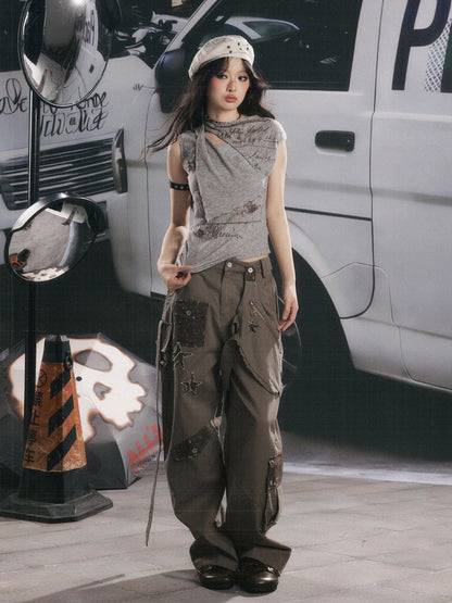 Distressed High-Waisted Loose Wide-Leg Work Pants【s0000017334】