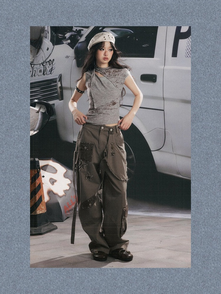Distressed High-Waisted Loose Wide-Leg Work Pants【s0000017334】