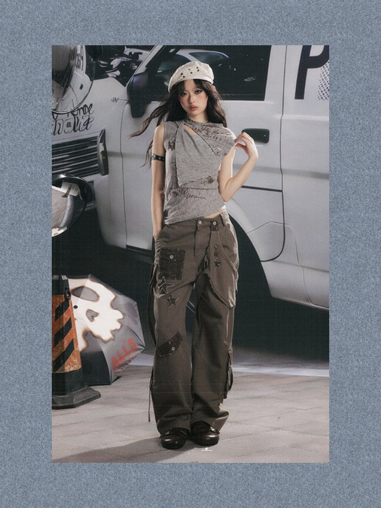 Distressed High-Waisted Loose Wide-Leg Work Pants【s0000017334】