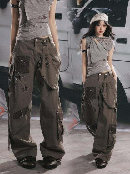Distressed High-Waisted Loose Wide-Leg Work Pants【s0000017334】
