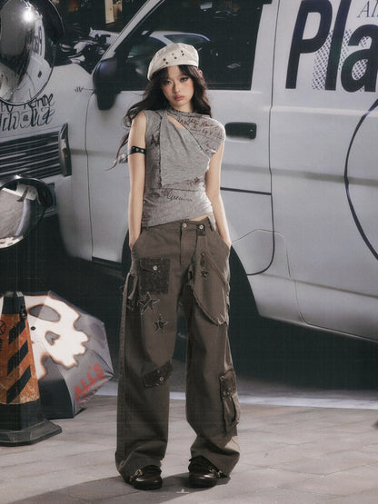 Distressed High-Waisted Loose Wide-Leg Work Pants【s0000017334】