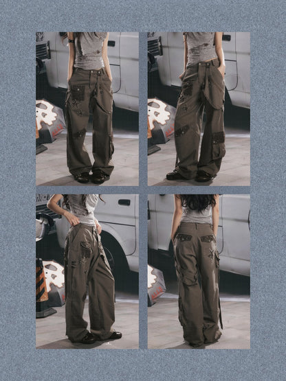 Distressed High-Waisted Loose Wide-Leg Work Pants【s0000017334】