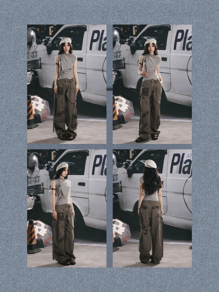 Distressed High-Waisted Loose Wide-Leg Work Pants【s0000017334】