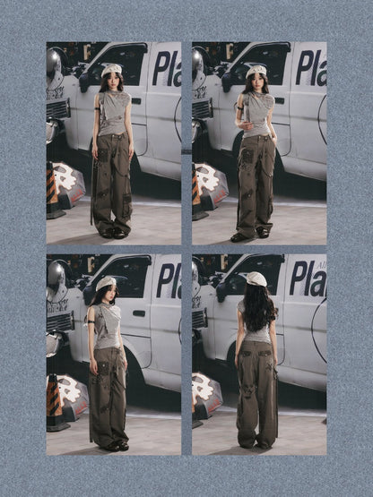 Distressed High-Waisted Loose Wide-Leg Work Pants【s0000017334】