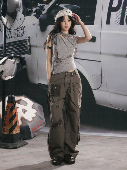 Distressed High-Waisted Loose Wide-Leg Work Pants【s0000017334】