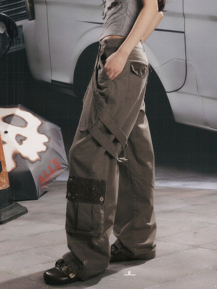Distressed High-Waisted Loose Wide-Leg Work Pants【s0000017334】