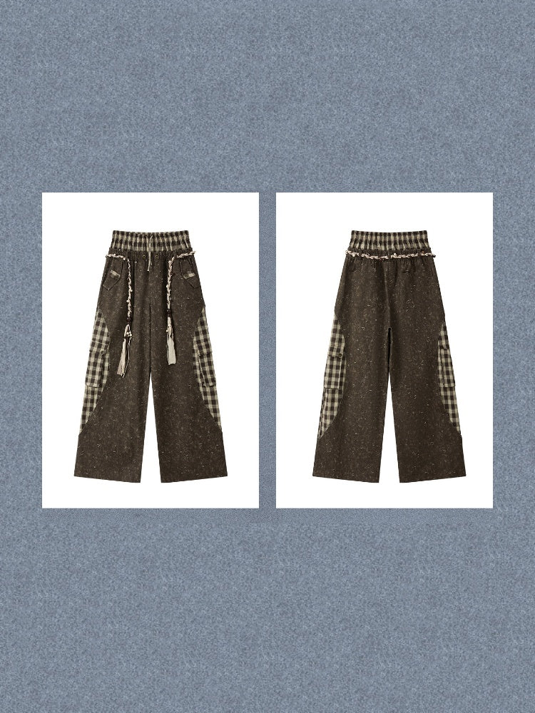 Plaid Patchwork High-Waisted Loose Straight Wide-Leg Work Pants【s0000017335】