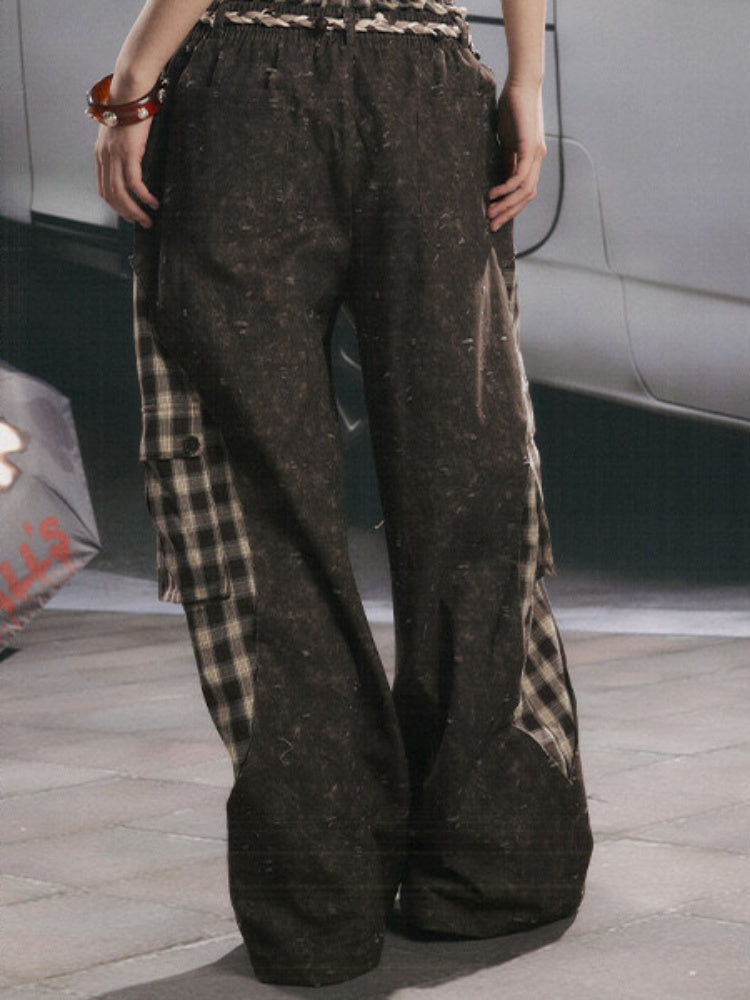 Plaid Patchwork High-Waisted Loose Straight Wide-Leg Work Pants【s0000017335】