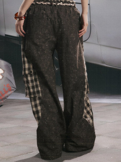 Plaid Patchwork High-Waisted Loose Straight Wide-Leg Work Pants【s0000017335】