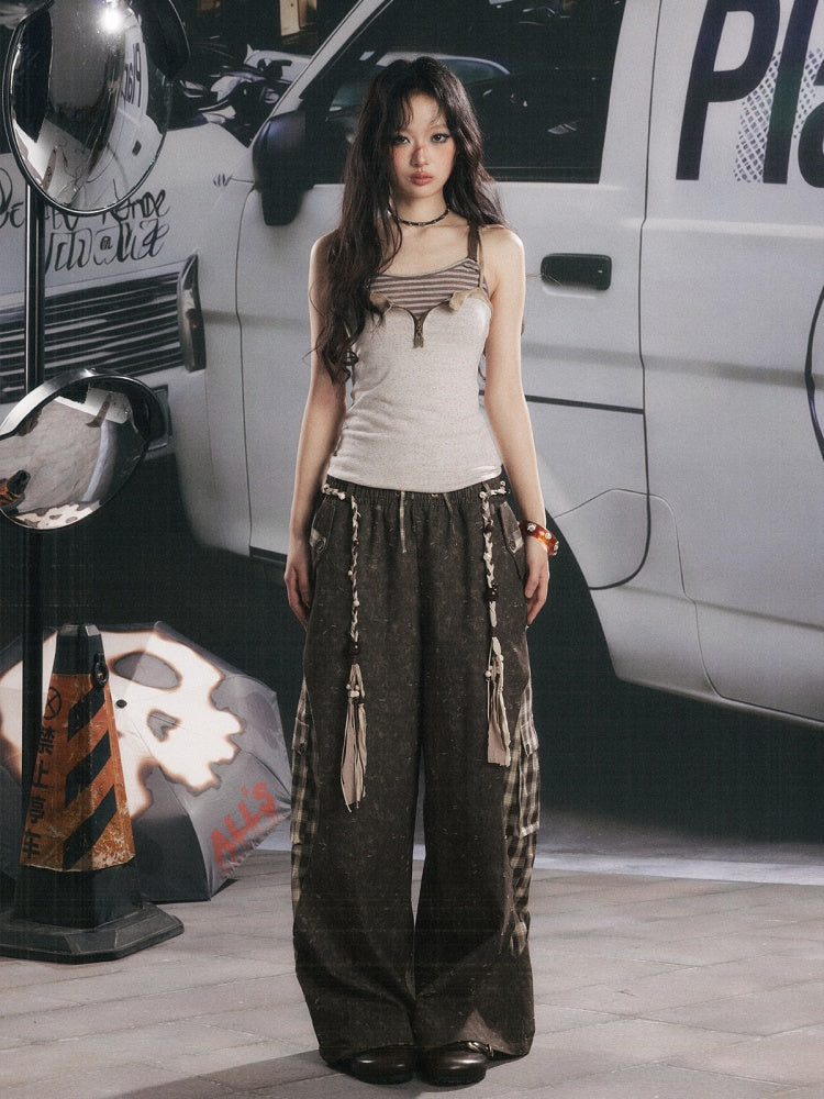 Plaid Patchwork High-Waisted Loose Straight Wide-Leg Work Pants【s0000017335】
