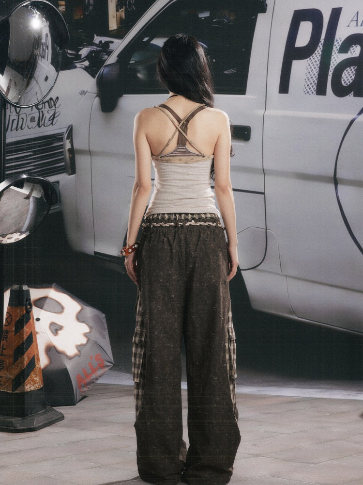 Plaid Patchwork High-Waisted Loose Straight Wide-Leg Work Pants【s0000017335】