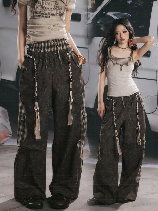 Plaid Patchwork High-Waisted Loose Straight Wide-Leg Work Pants【s0000017335】
