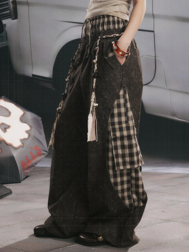 Plaid Patchwork High-Waisted Loose Straight Wide-Leg Work Pants【s0000017335】