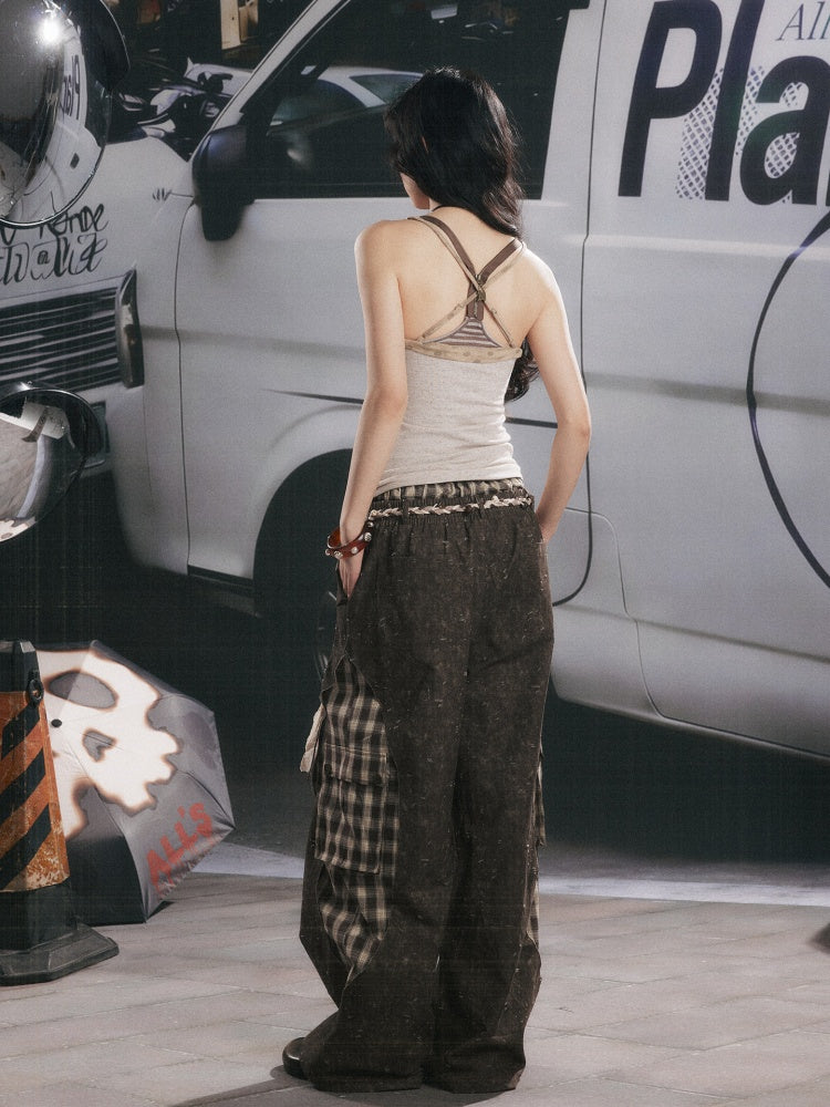 Plaid Patchwork High-Waisted Loose Straight Wide-Leg Work Pants【s0000017335】