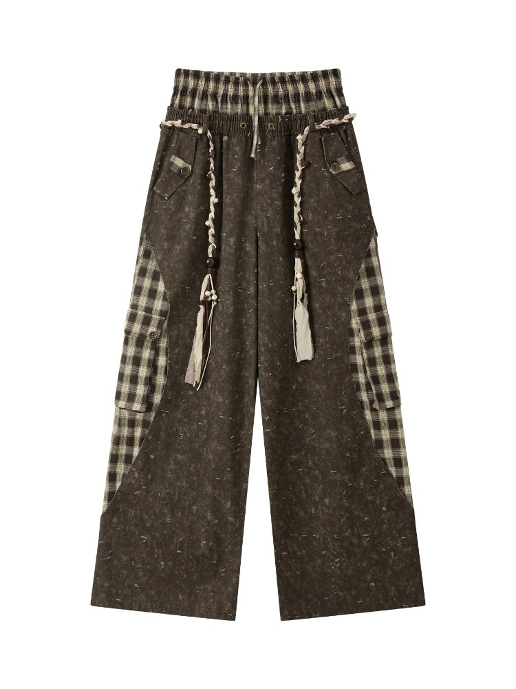 Plaid Patchwork High-Waisted Loose Straight Wide-Leg Work Pants【s0000017335】