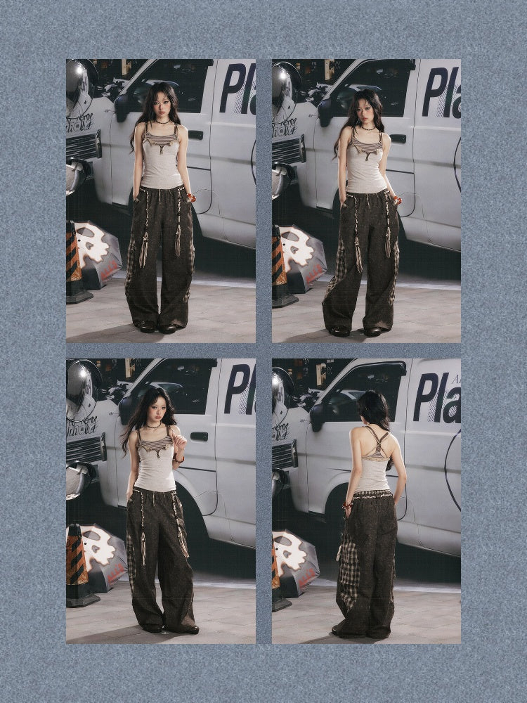 Plaid Patchwork High-Waisted Loose Straight Wide-Leg Work Pants【s0000017335】