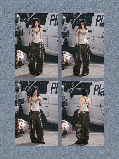 Plaid Patchwork High-Waisted Loose Straight Wide-Leg Work Pants【s0000017335】